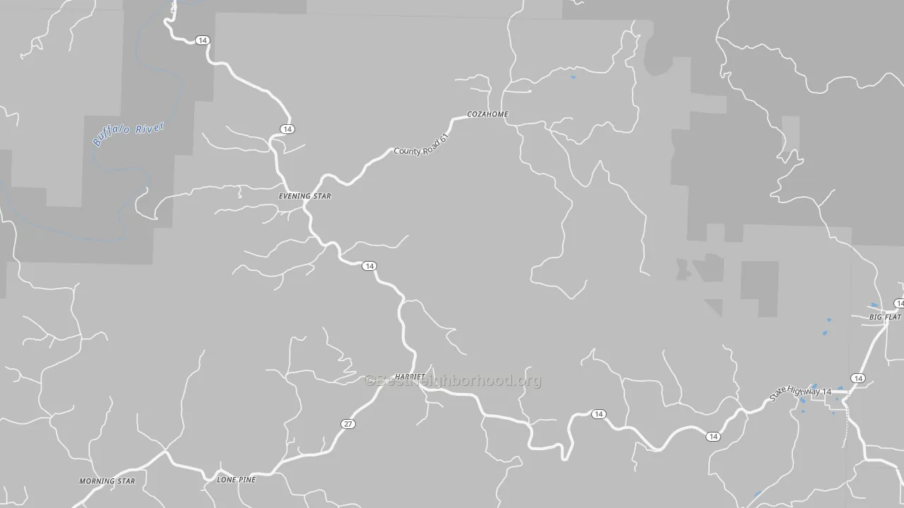 Walk Grade map of 72639, AR, walkable areas in green and car-dependent areas in red
