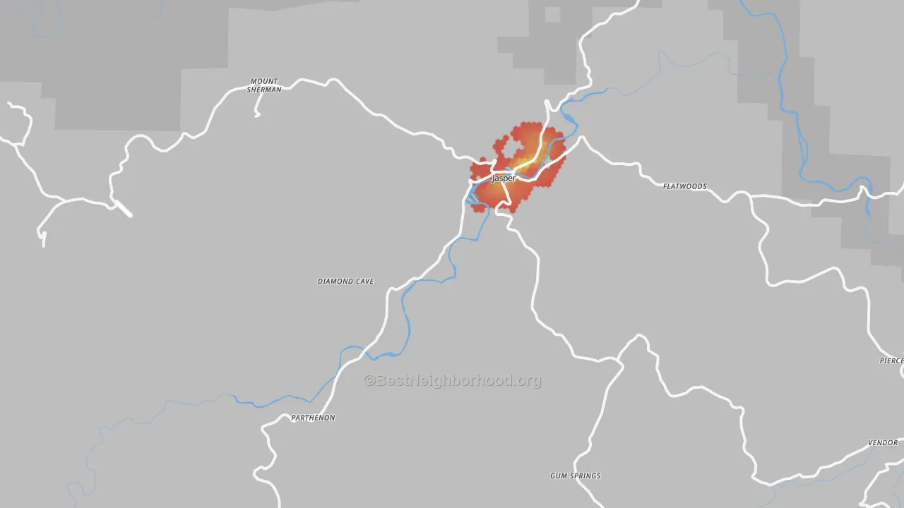 Walk Grade map of 72641, AR, walkable areas in green and car-dependent areas in red