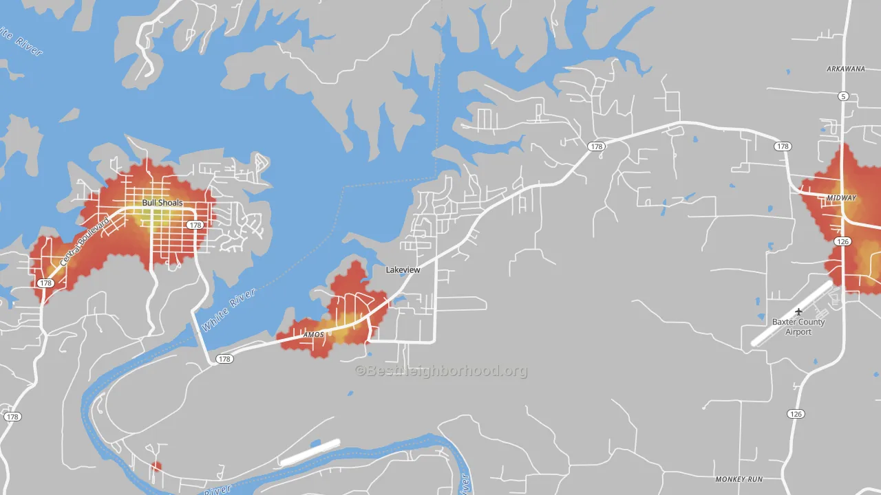 Walk Grade map of 72642, AR, walkable areas in green and car-dependent areas in red