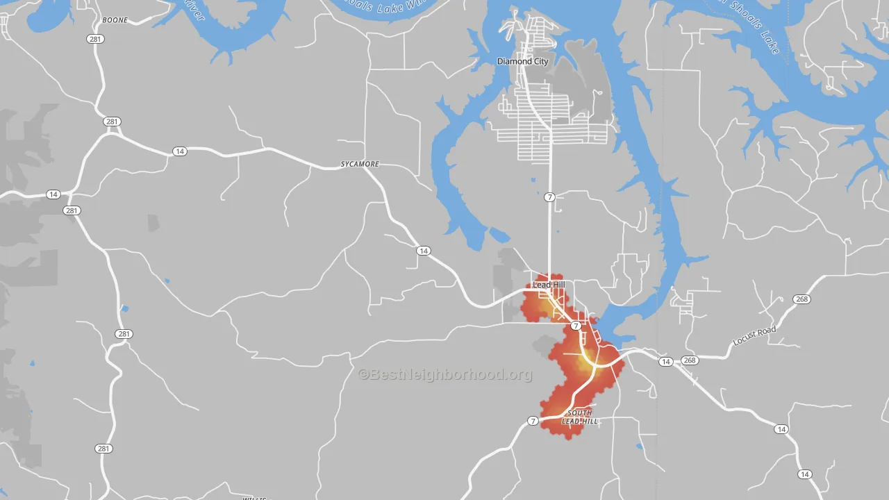 Walk Grade map of 72644, AR, walkable areas in green and car-dependent areas in red