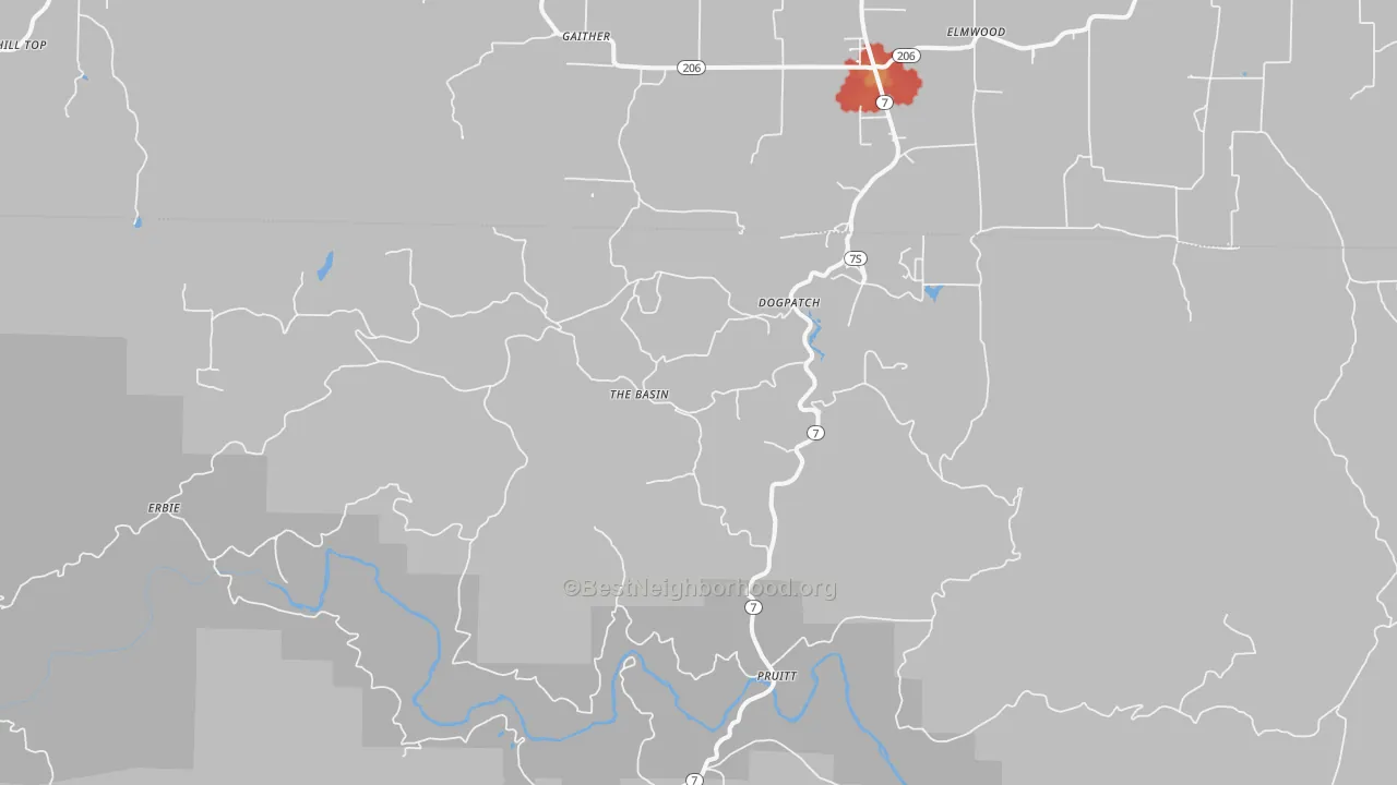 Walk Grade map of 72648, AR, walkable areas in green and car-dependent areas in red