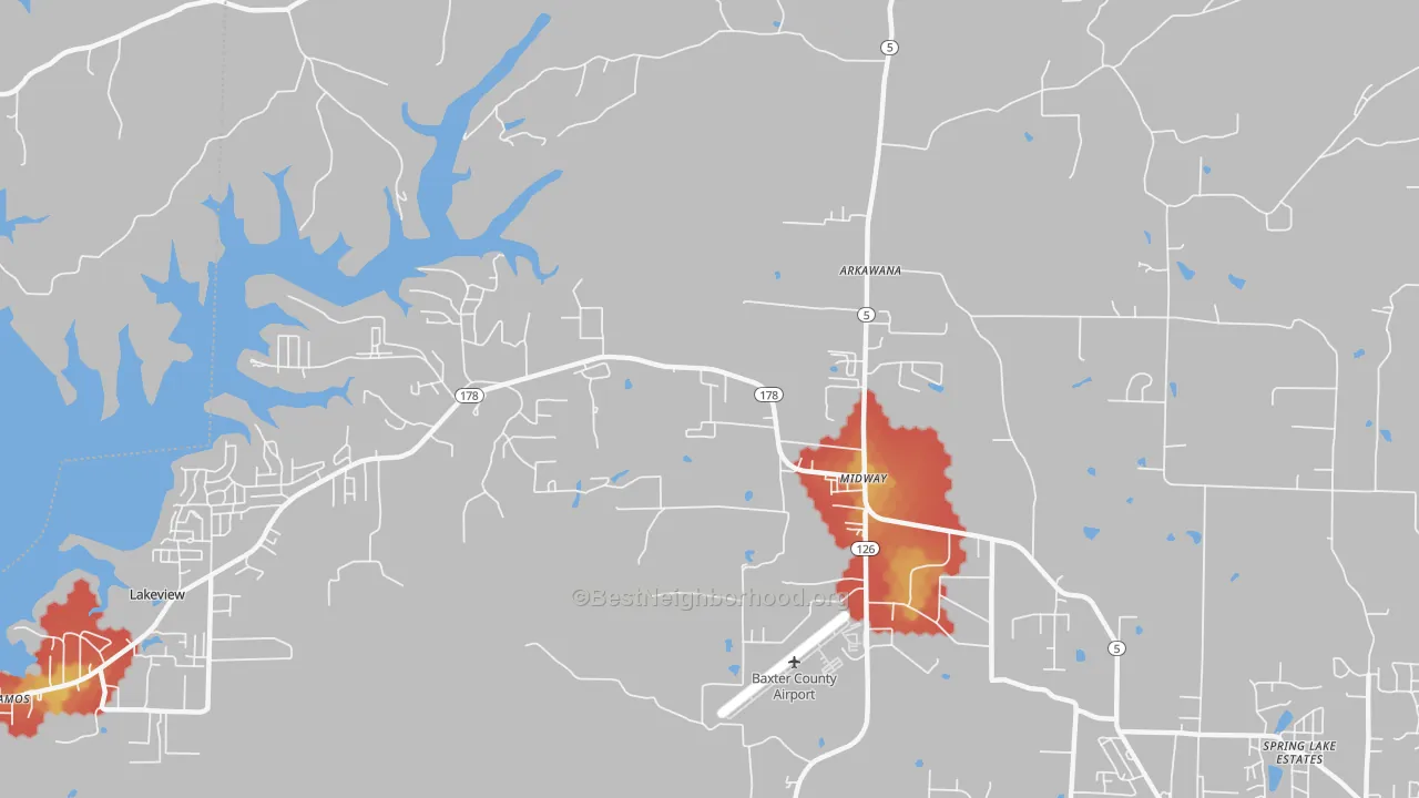 Walk Grade map of 72651, AR, walkable areas in green and car-dependent areas in red