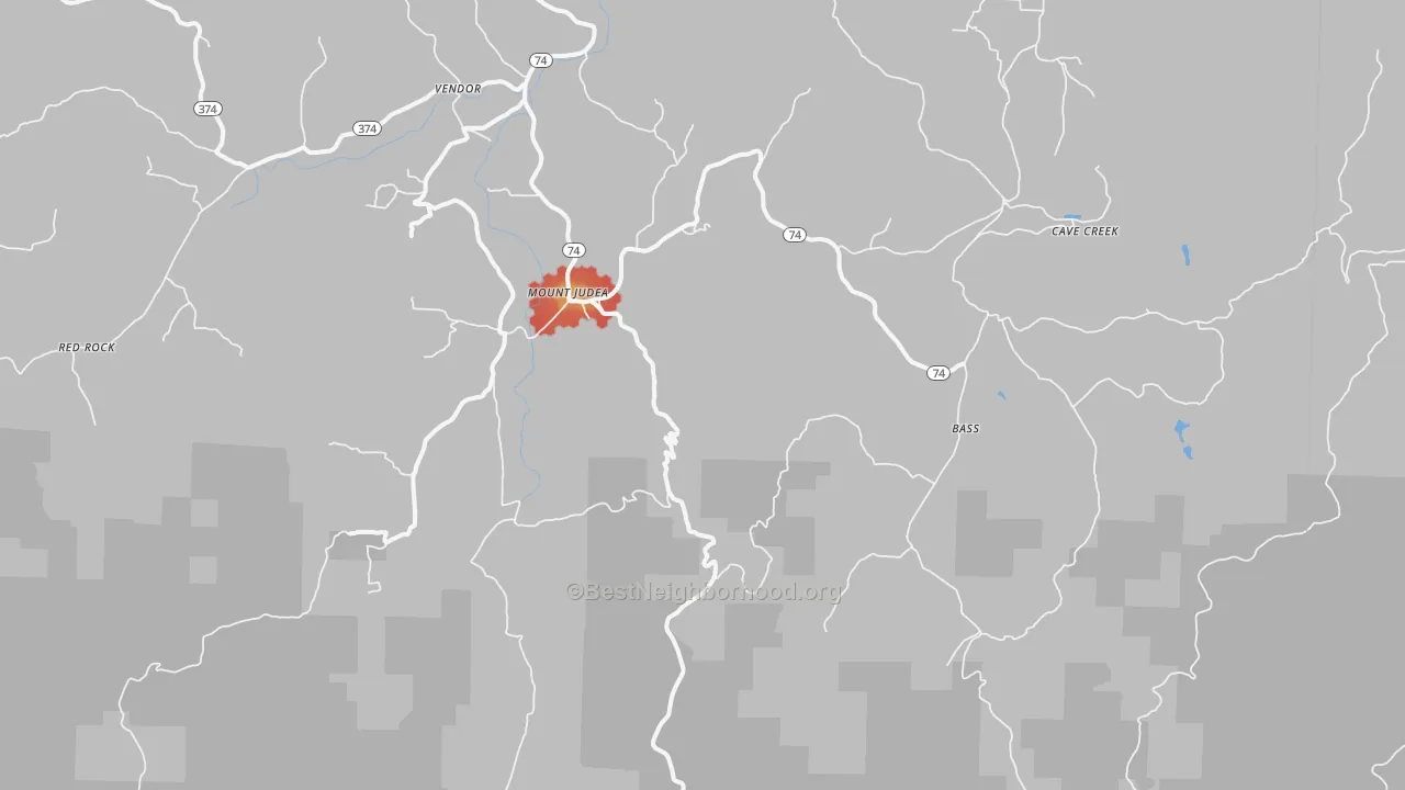 Walk Grade map of 72655, AR, walkable areas in green and car-dependent areas in red