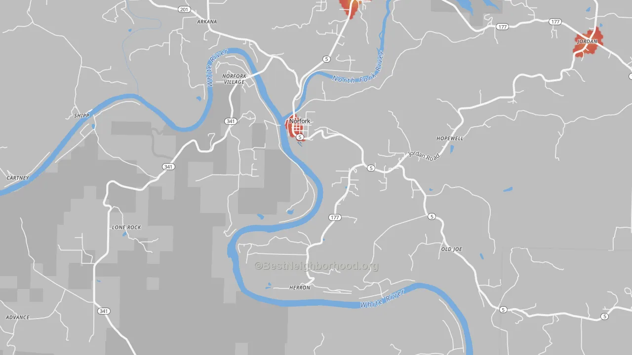 Walk Grade map of 72658, AR, walkable areas in green and car-dependent areas in red