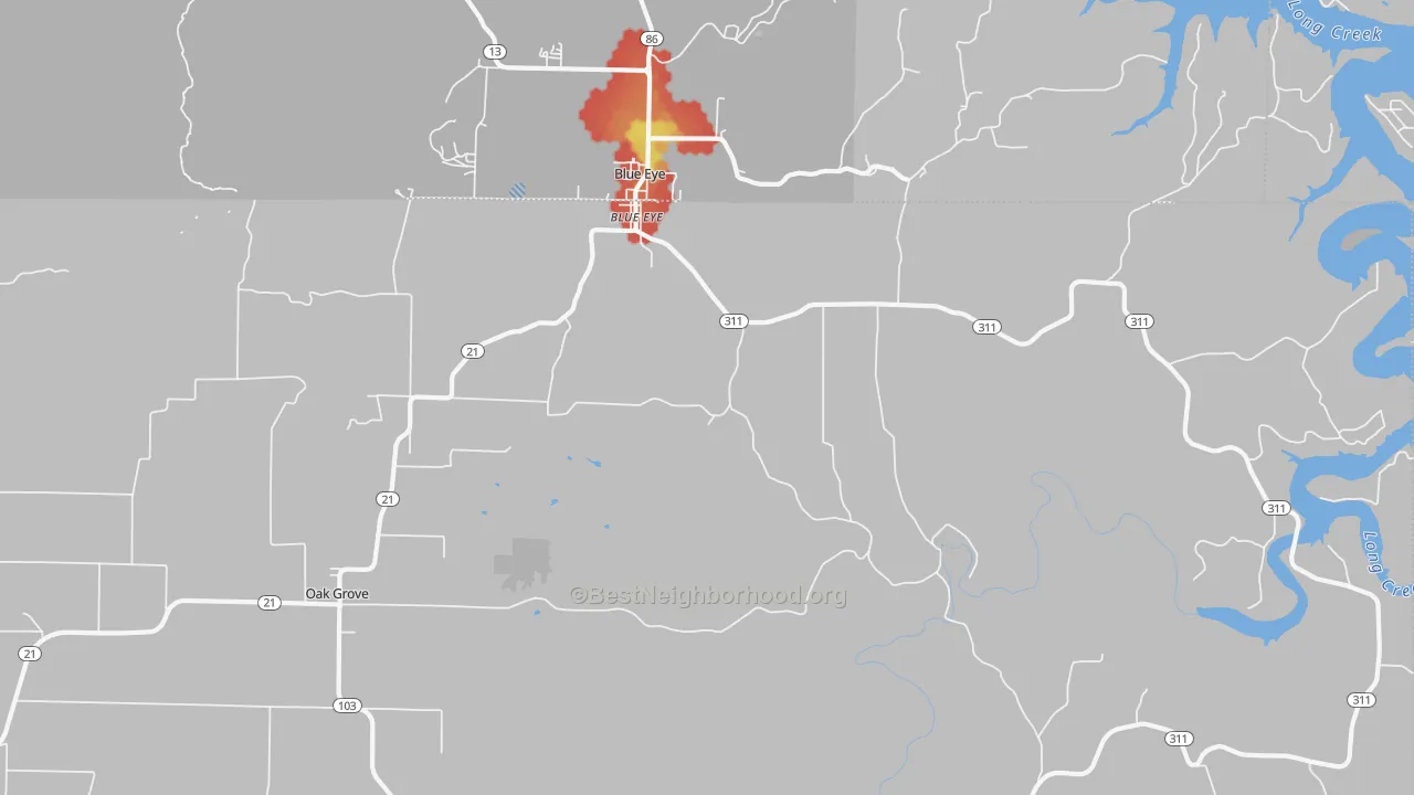 Walk Grade map of 72660, AR, walkable areas in green and car-dependent areas in red