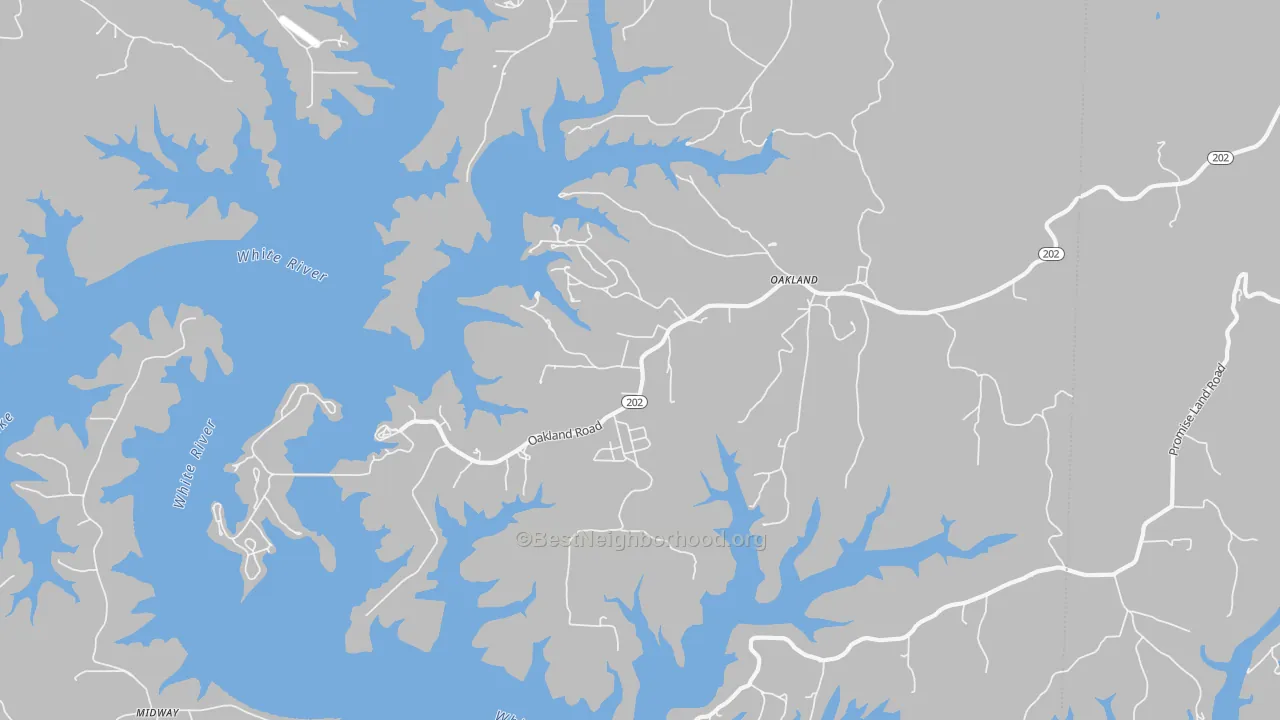 Walk Grade map of 72661, AR, walkable areas in green and car-dependent areas in red