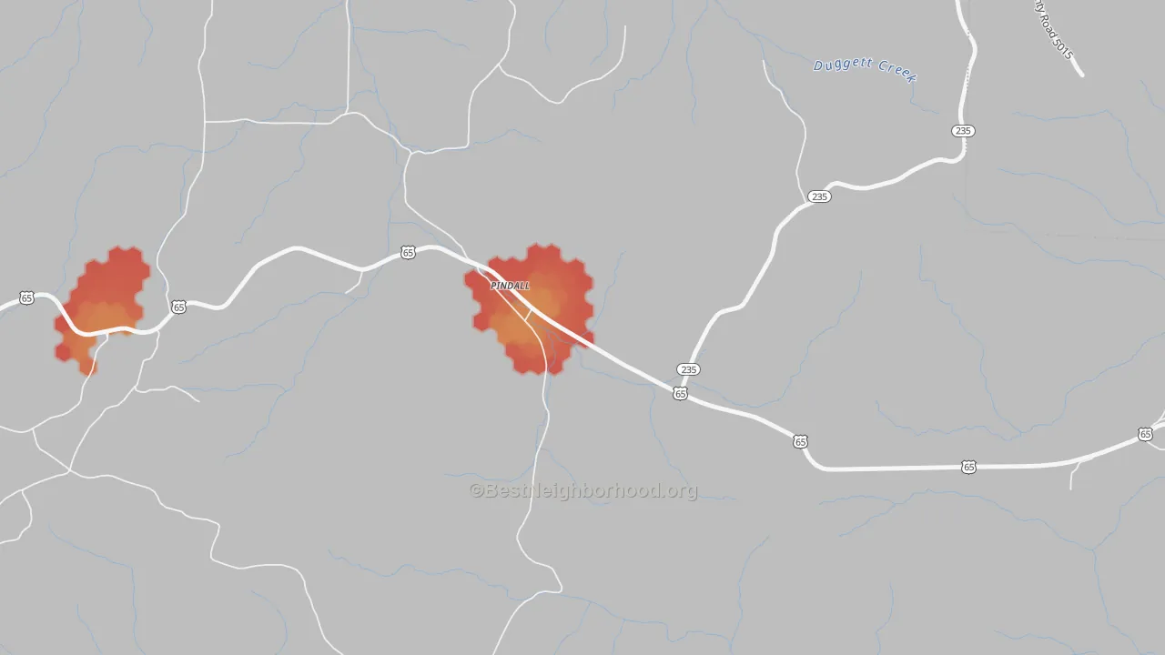 Walk Grade map of 72669, AR, walkable areas in green and car-dependent areas in red