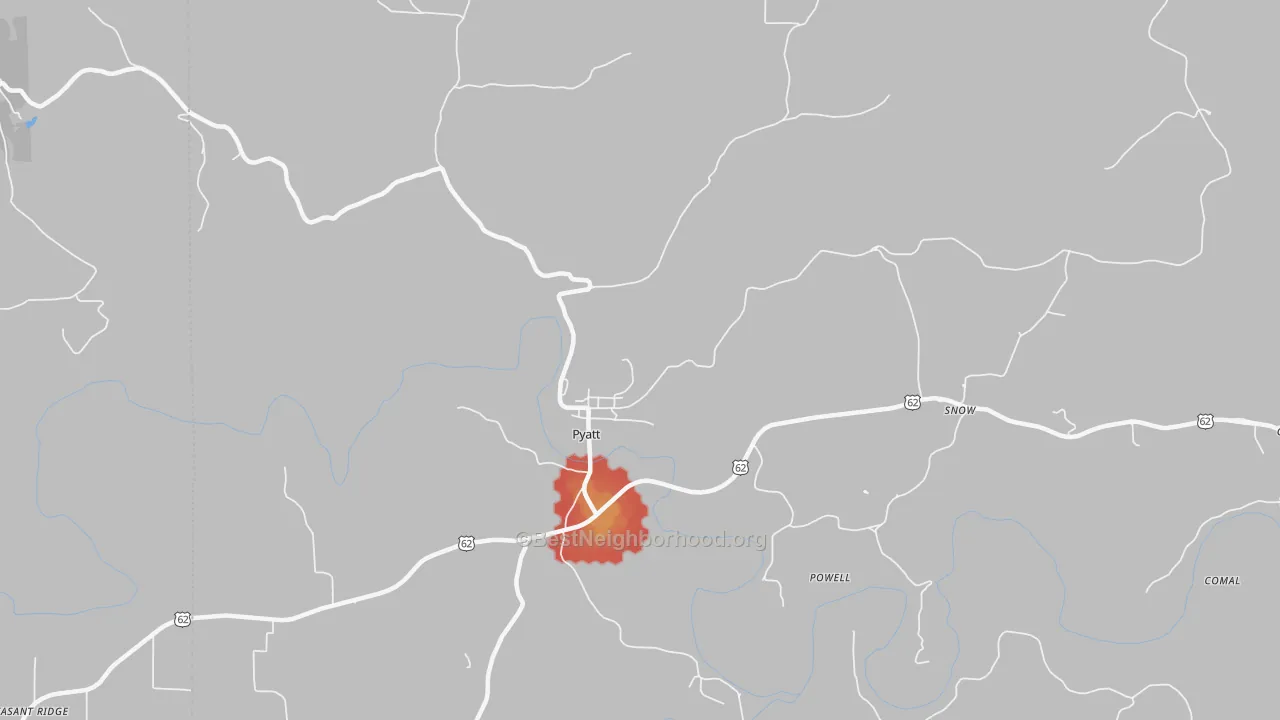 Walk Grade map of 72672, AR, walkable areas in green and car-dependent areas in red