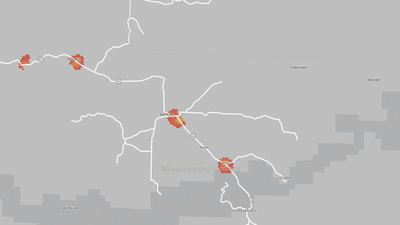 Walk Grade map of 72675, AR, walkable areas in green and car-dependent areas in red