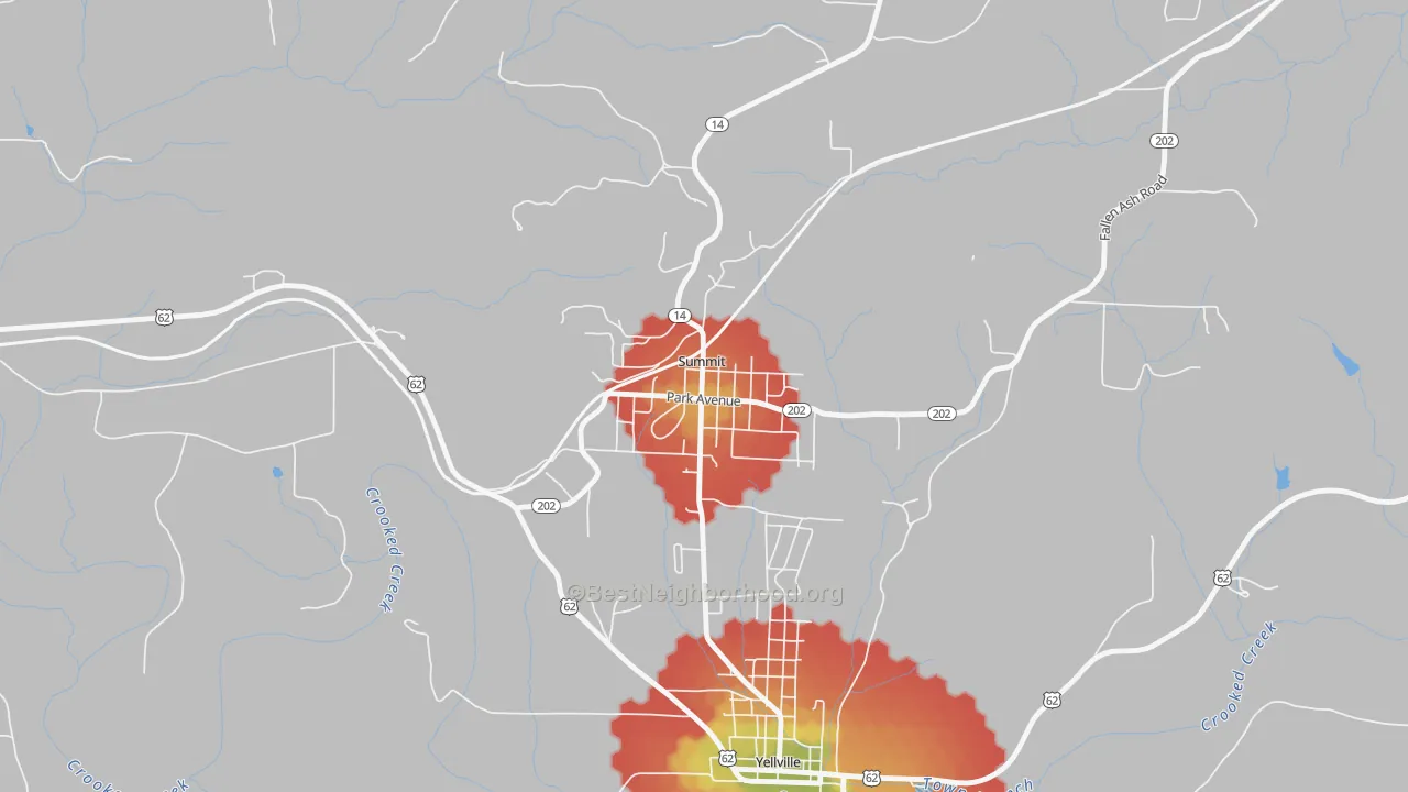 Walk Grade map of 72677, AR, walkable areas in green and car-dependent areas in red