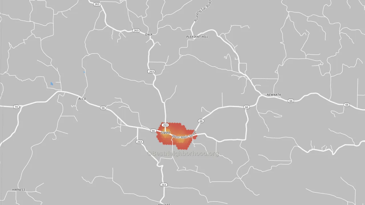 Walk Grade map of 72680, AR, walkable areas in green and car-dependent areas in red
