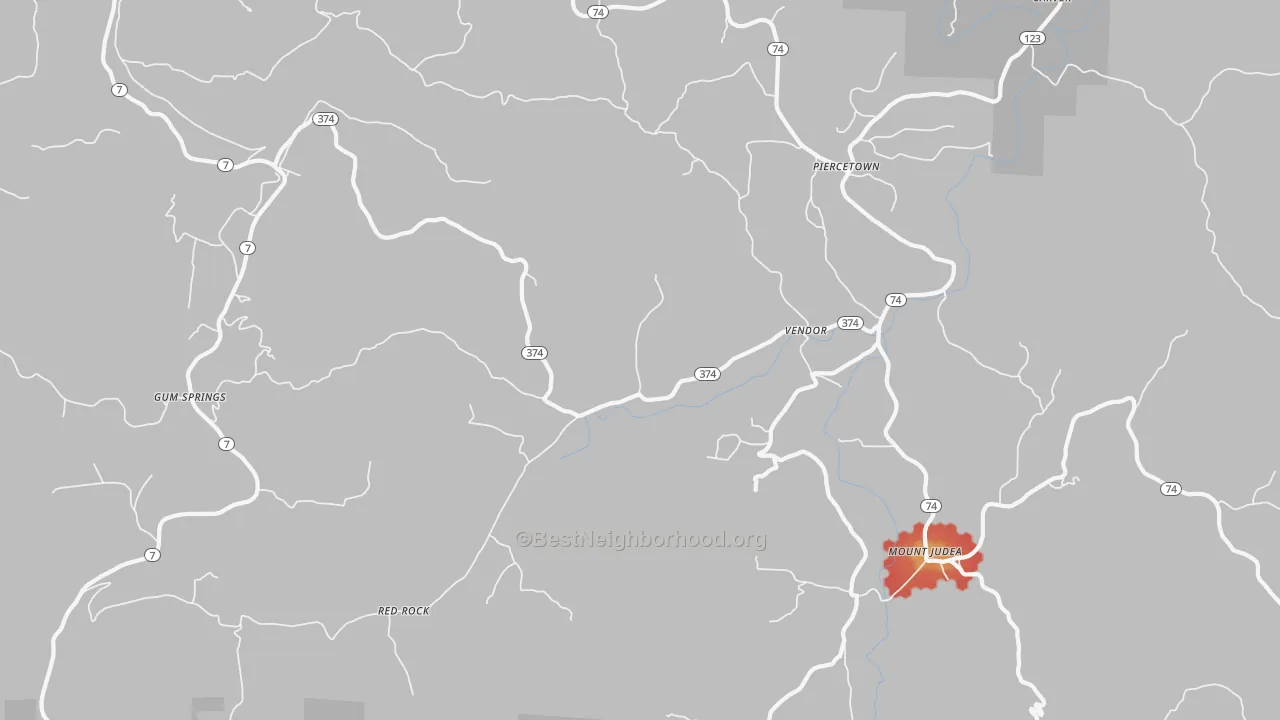 Walk Grade map of 72683, AR, walkable areas in green and car-dependent areas in red