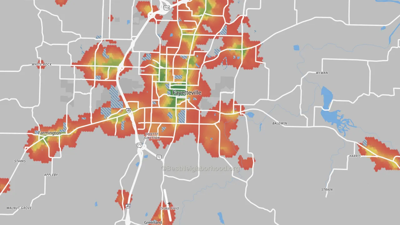 Walk Grade map of 72701, AR, walkable areas in green and car-dependent areas in red
