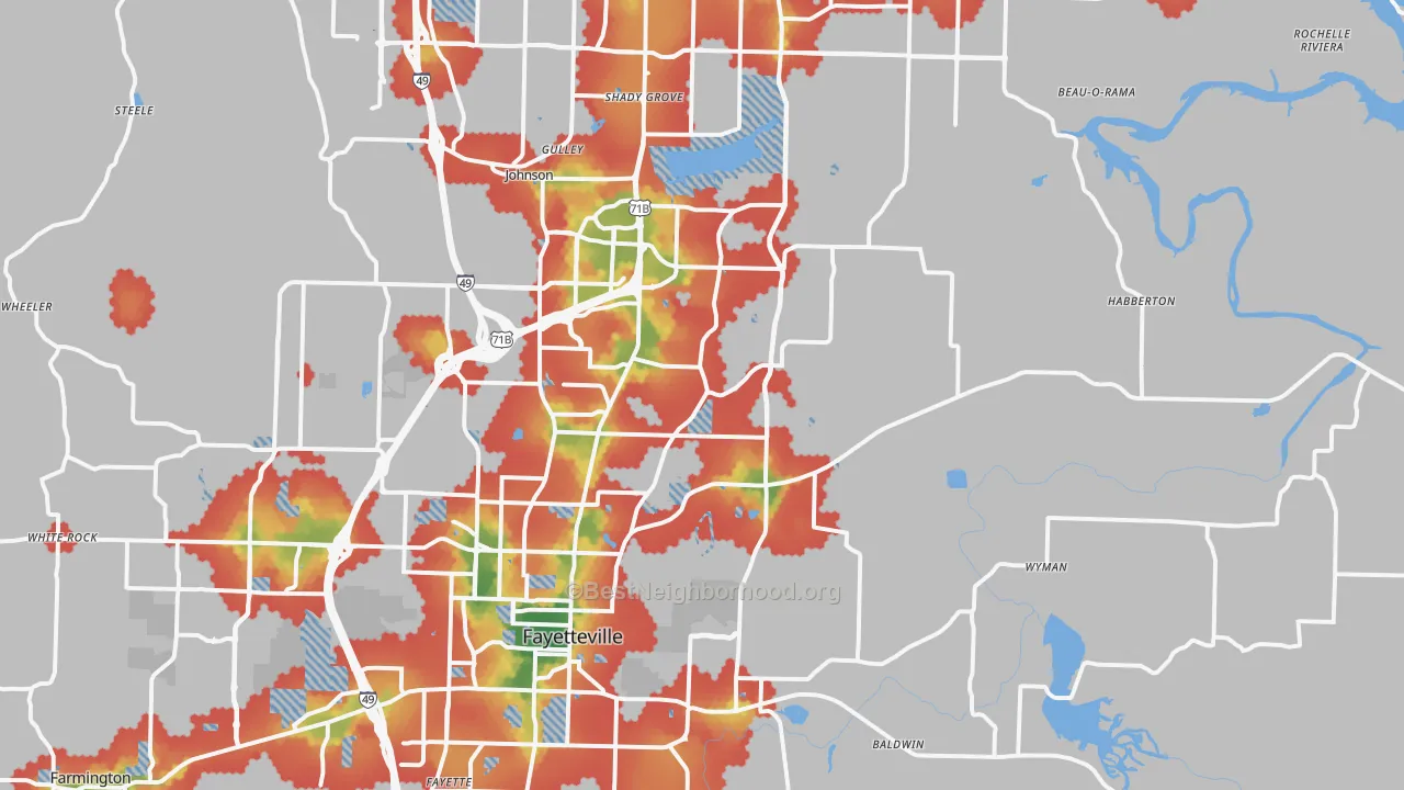 Walk Grade map of 72703, AR, walkable areas in green and car-dependent areas in red