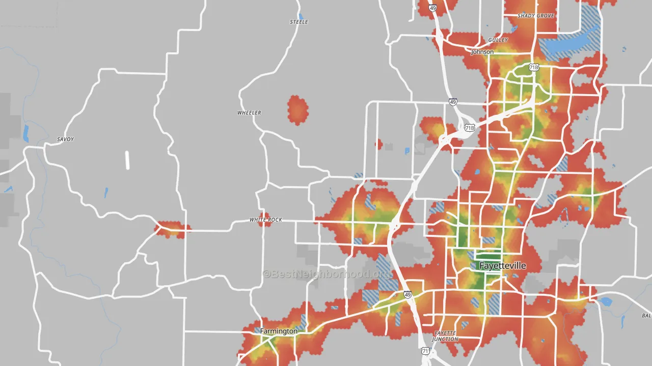 Walk Grade map of 72704, AR, walkable areas in green and car-dependent areas in red