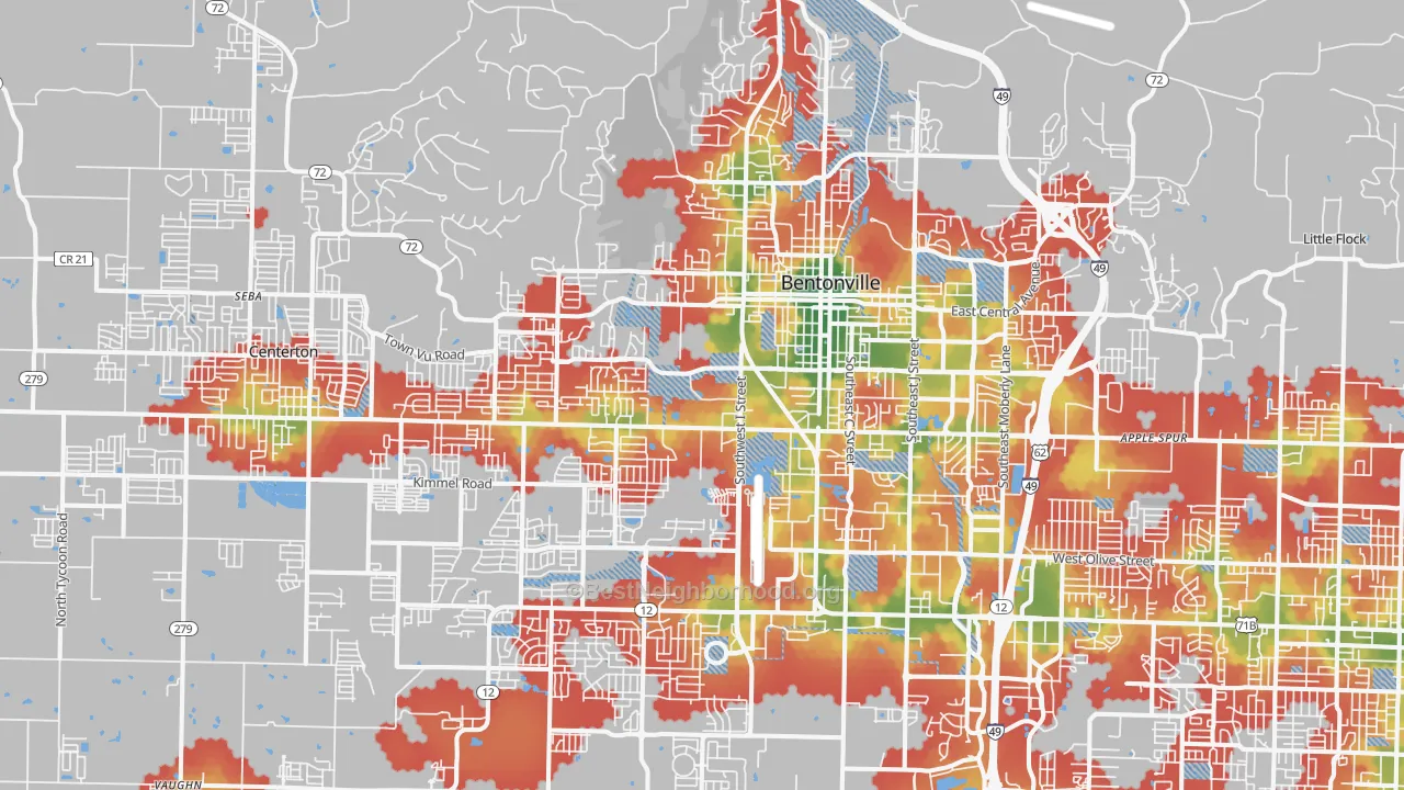 Walk Grade map of 72712, AR, walkable areas in green and car-dependent areas in red