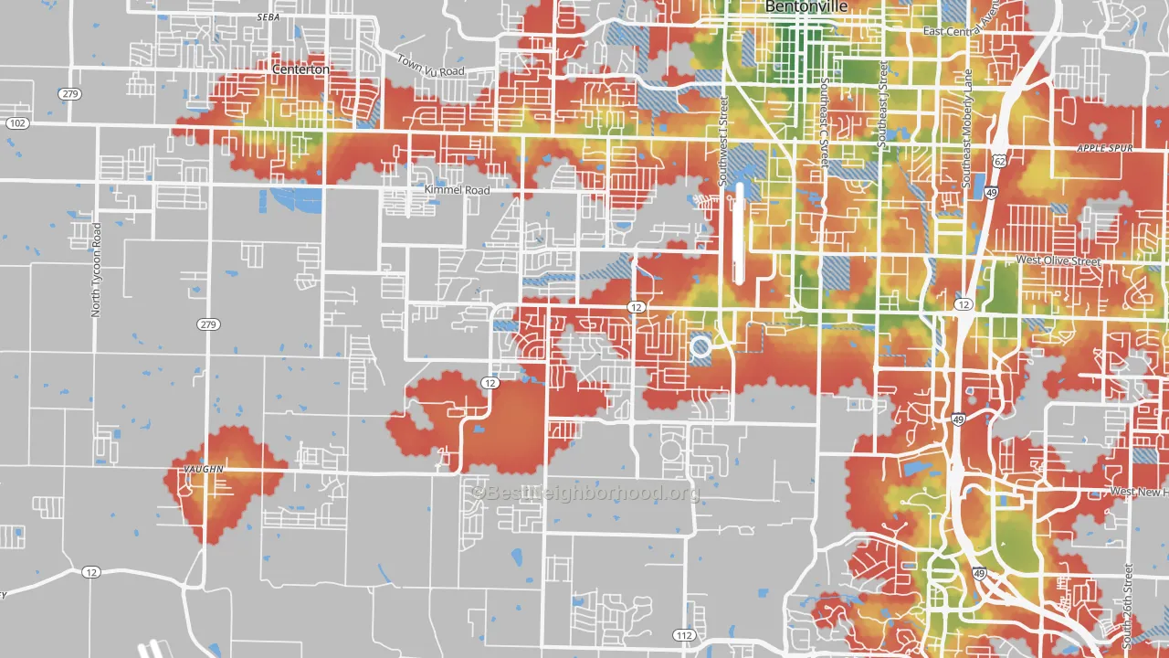 Walk Grade map of 72713, AR, walkable areas in green and car-dependent areas in red