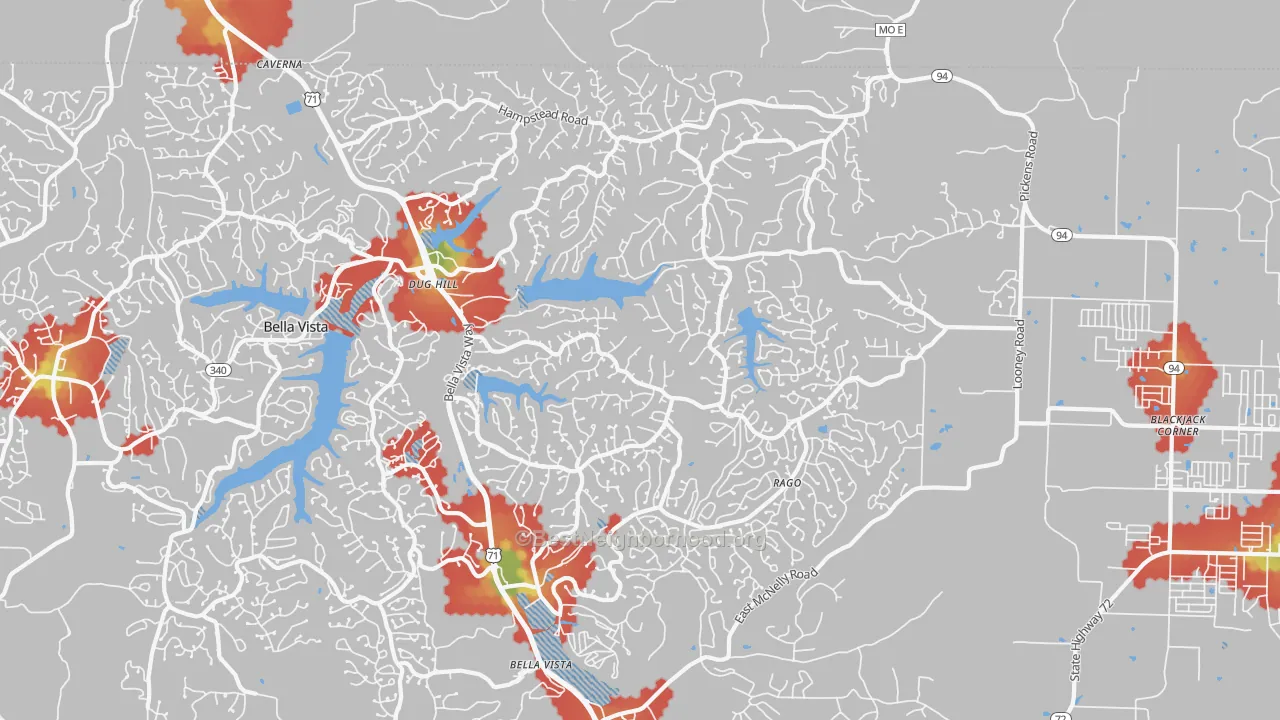 Walk Grade map of 72714, AR, walkable areas in green and car-dependent areas in red