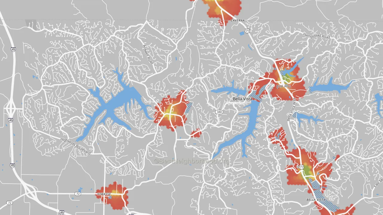 Walk Grade map of 72715, AR, walkable areas in green and car-dependent areas in red