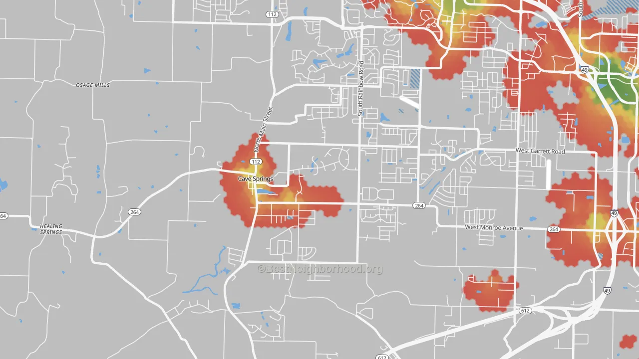 Walk Grade map of 72718, AR, walkable areas in green and car-dependent areas in red