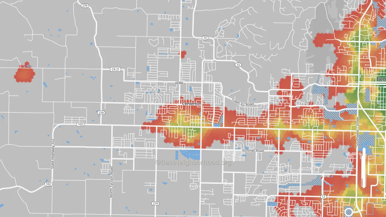Walk Grade map of 72719, AR, walkable areas in green and car-dependent areas in red