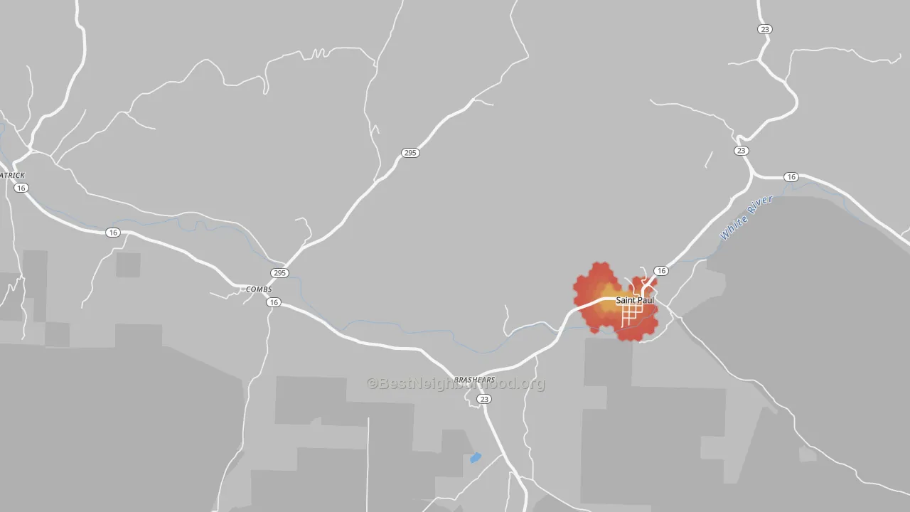 Walk Grade map of 72721, AR, walkable areas in green and car-dependent areas in red