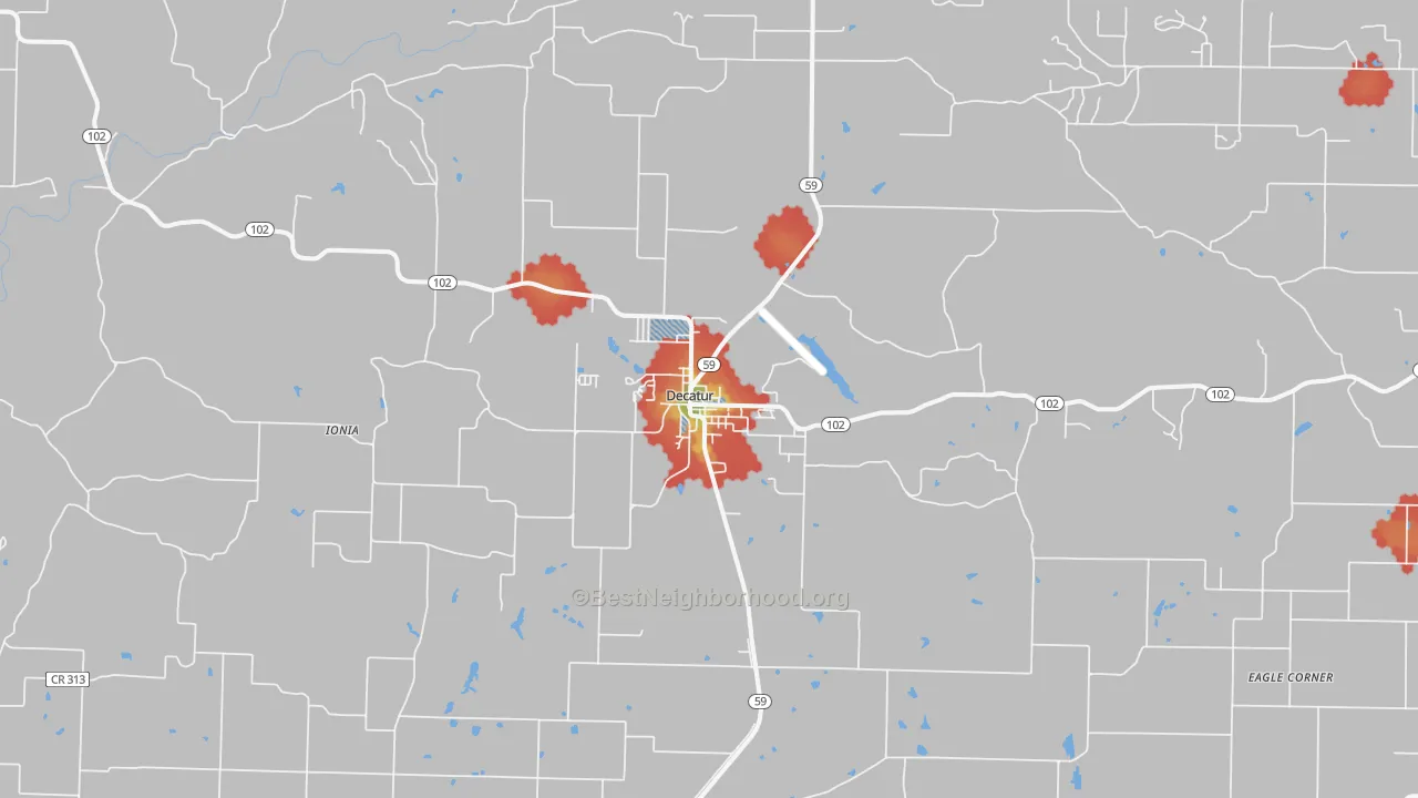 Walk Grade map of 72722, AR, walkable areas in green and car-dependent areas in red