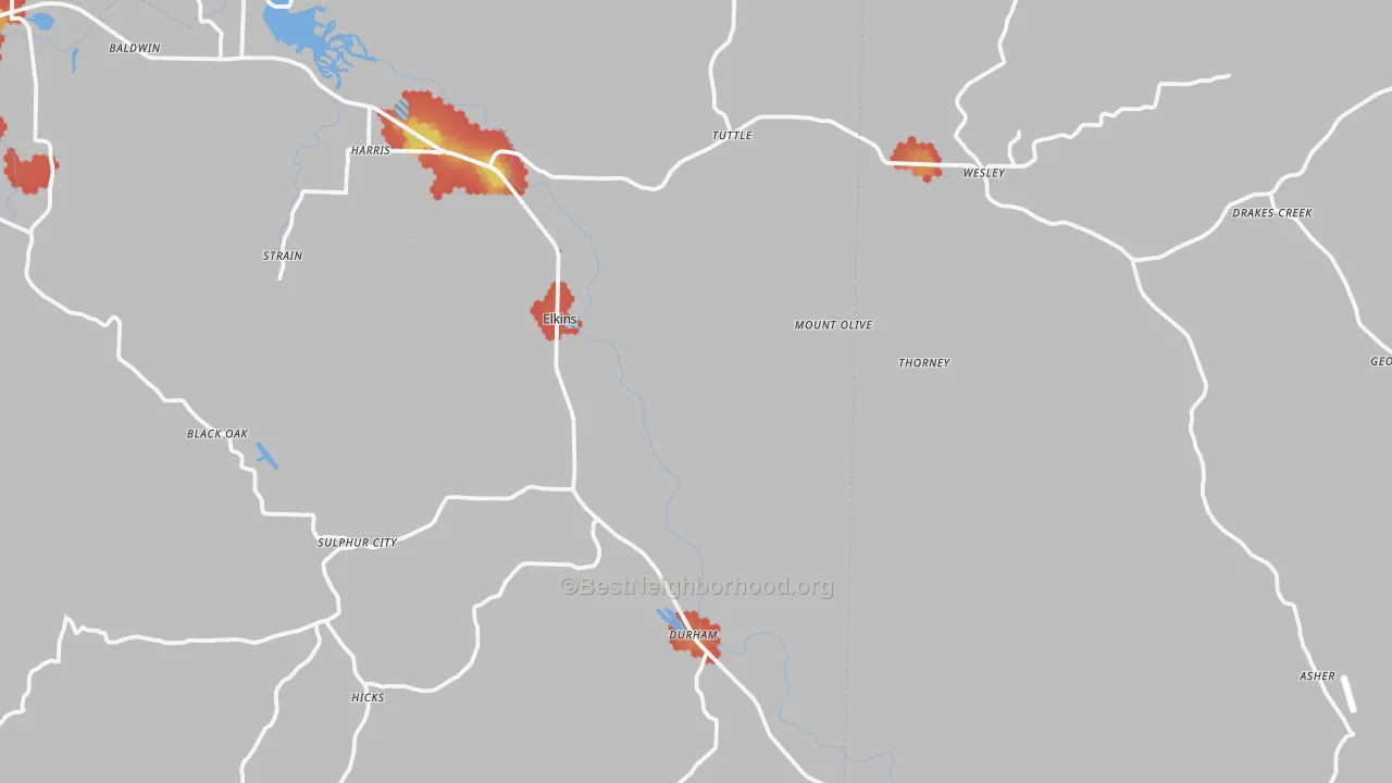 Walk Grade map of 72727, AR, walkable areas in green and car-dependent areas in red