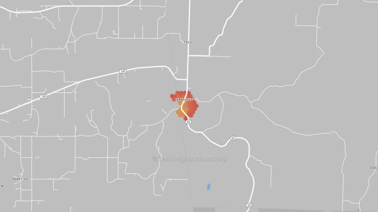 Walk Grade map of 72729, AR, walkable areas in green and car-dependent areas in red