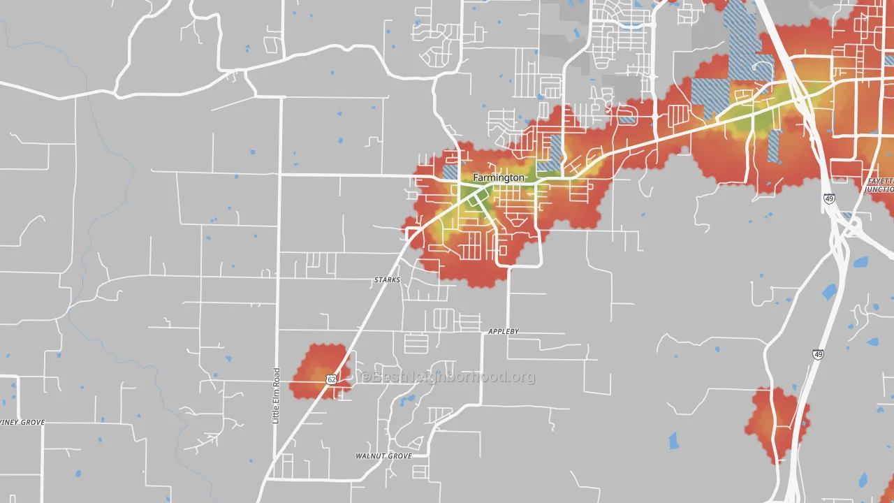 Walk Grade map of 72730, AR, walkable areas in green and car-dependent areas in red