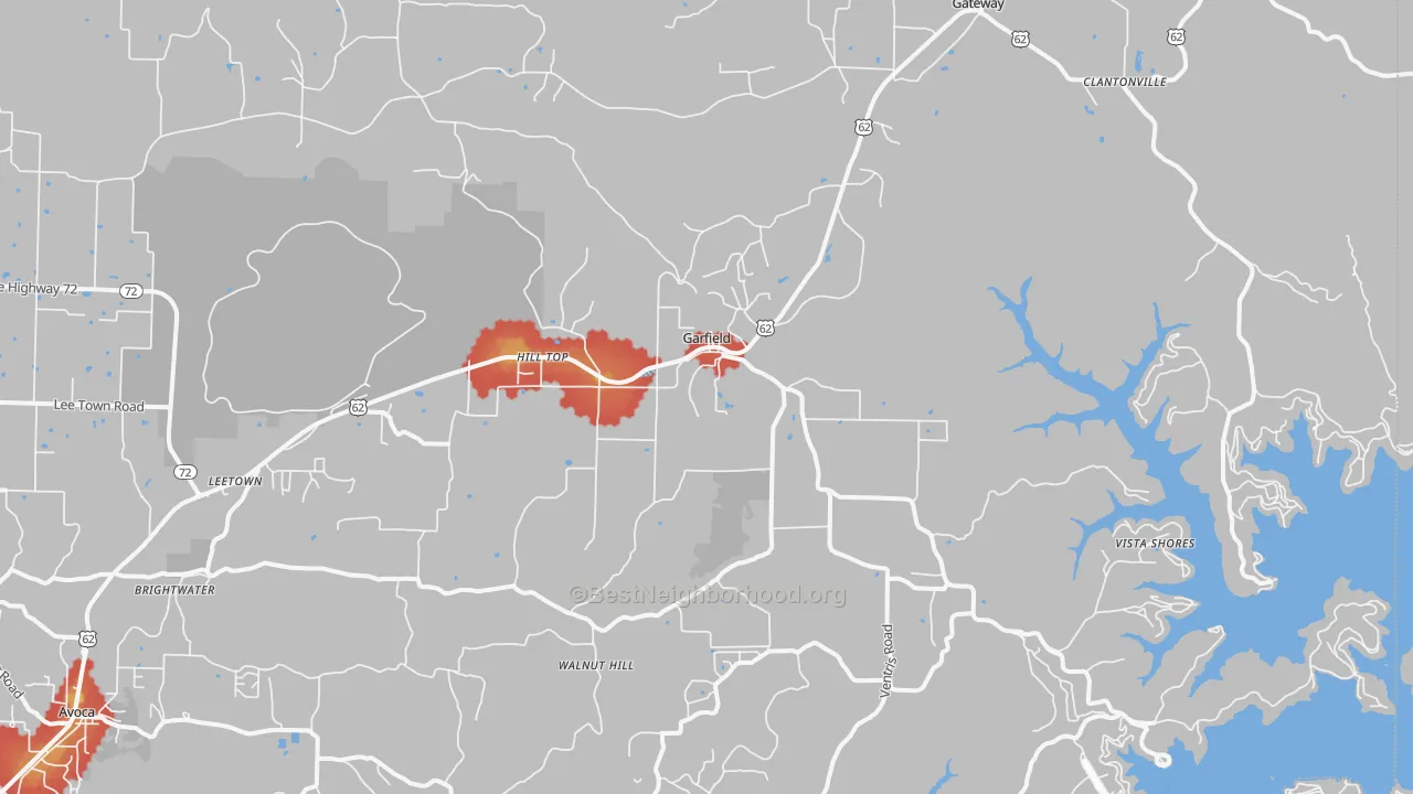 Walk Grade map of 72732, AR, walkable areas in green and car-dependent areas in red