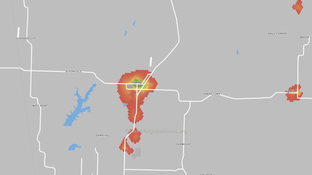 Walk Grade map of 72734, AR, walkable areas in green and car-dependent areas in red