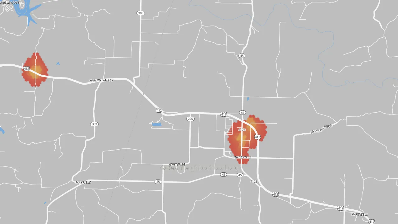 Walk Grade map of 72738, AR, walkable areas in green and car-dependent areas in red