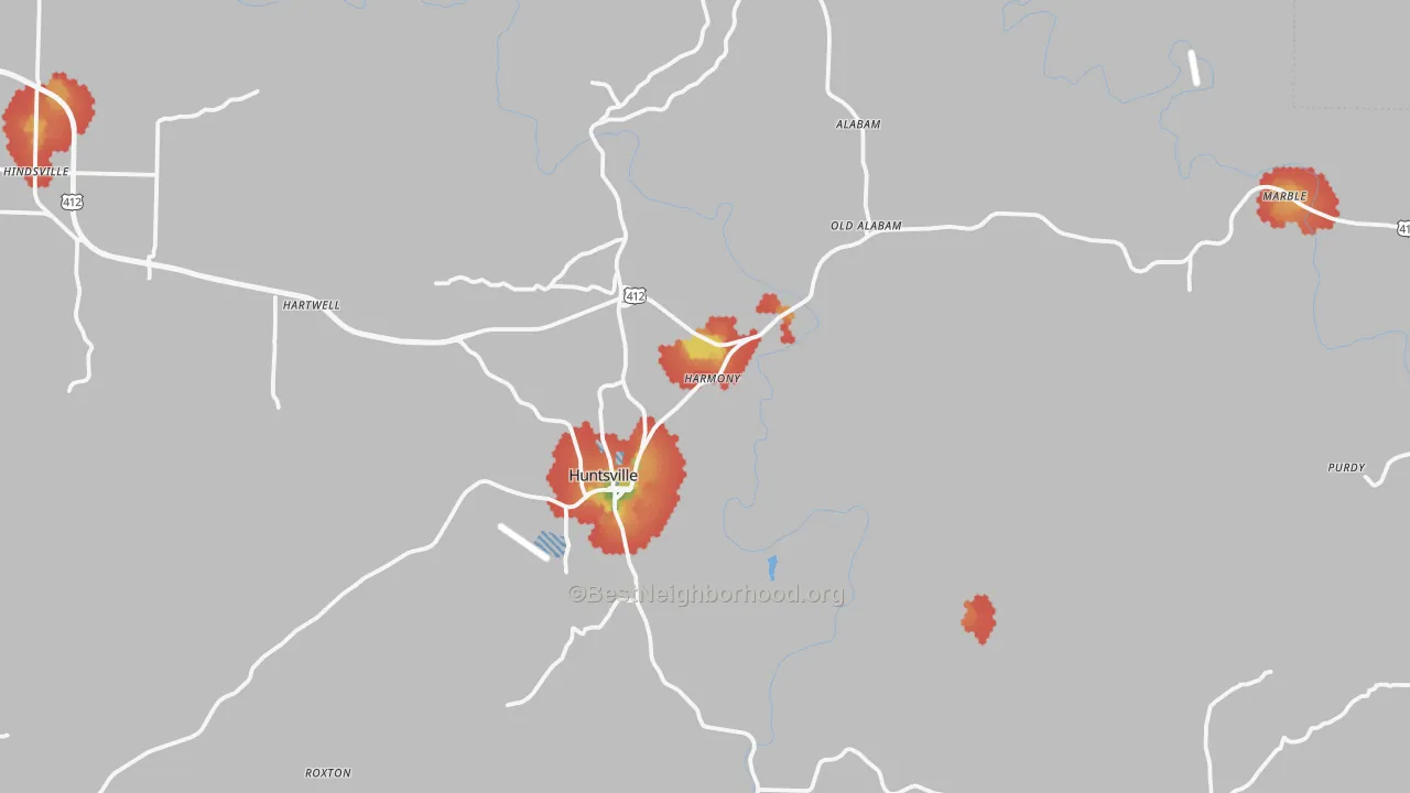 Walk Grade map of 72740, AR, walkable areas in green and car-dependent areas in red
