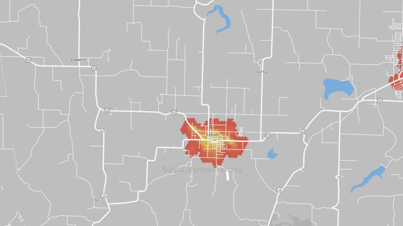 Walk Grade map of 72744, AR, walkable areas in green and car-dependent areas in red