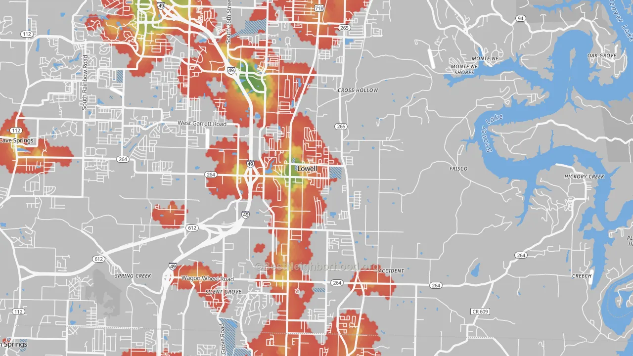 Walk Grade map of 72745, AR, walkable areas in green and car-dependent areas in red