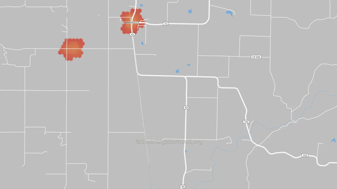 Walk Grade map of 72747, AR, walkable areas in green and car-dependent areas in red