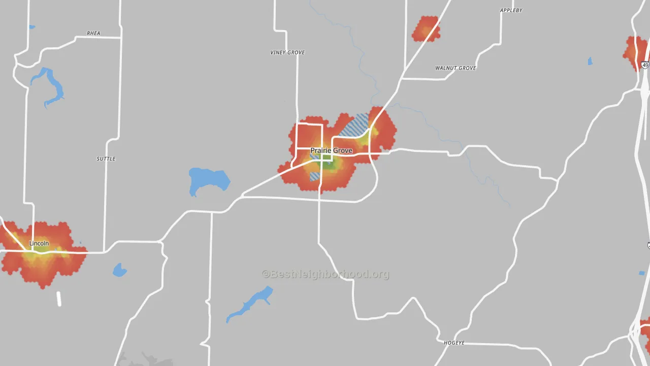 Walk Grade map of 72753, AR, walkable areas in green and car-dependent areas in red