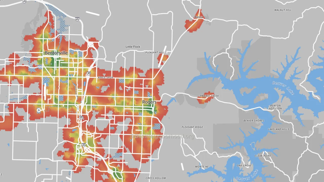 Walk Grade map of 72756, AR, walkable areas in green and car-dependent areas in red
