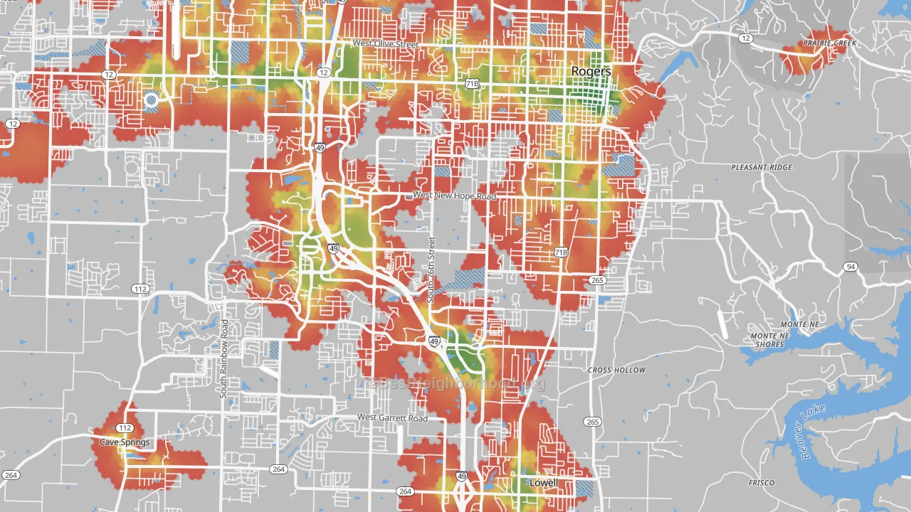 Walk Grade map of 72758, AR, walkable areas in green and car-dependent areas in red