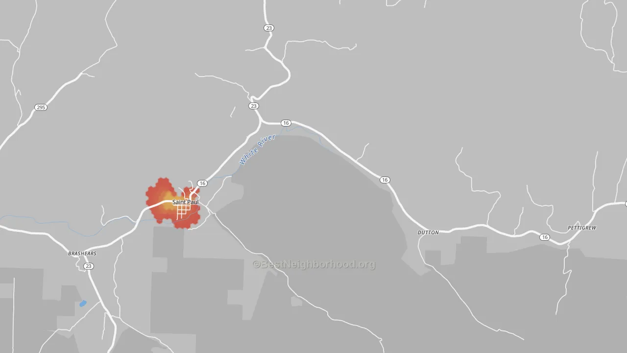 Walk Grade map of 72760, AR, walkable areas in green and car-dependent areas in red