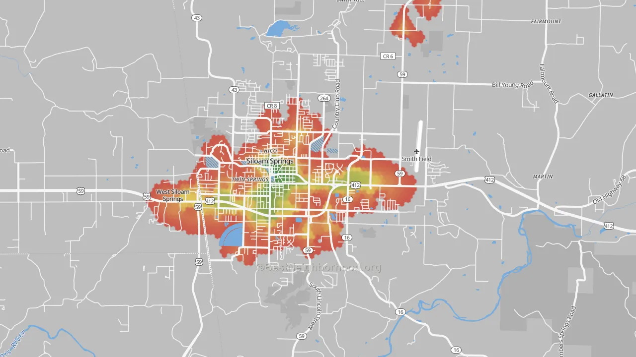 Walk Grade map of 72761, AR, walkable areas in green and car-dependent areas in red