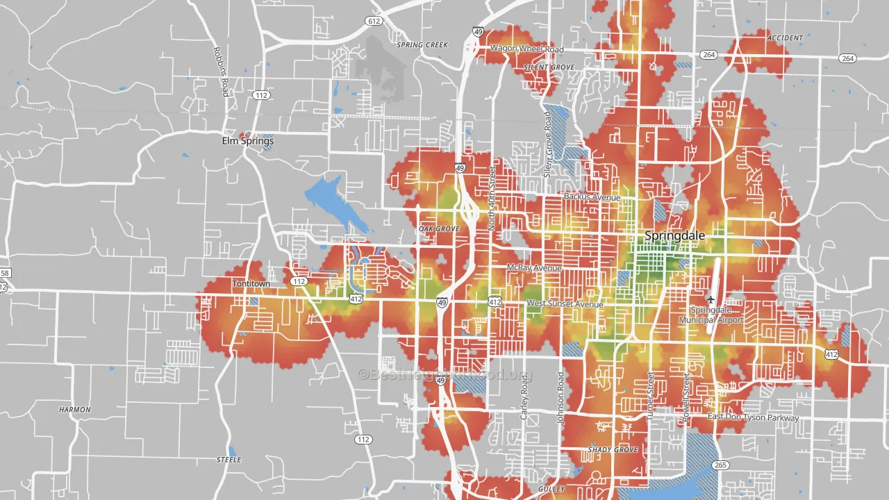 Walk Grade map of 72762, AR, walkable areas in green and car-dependent areas in red