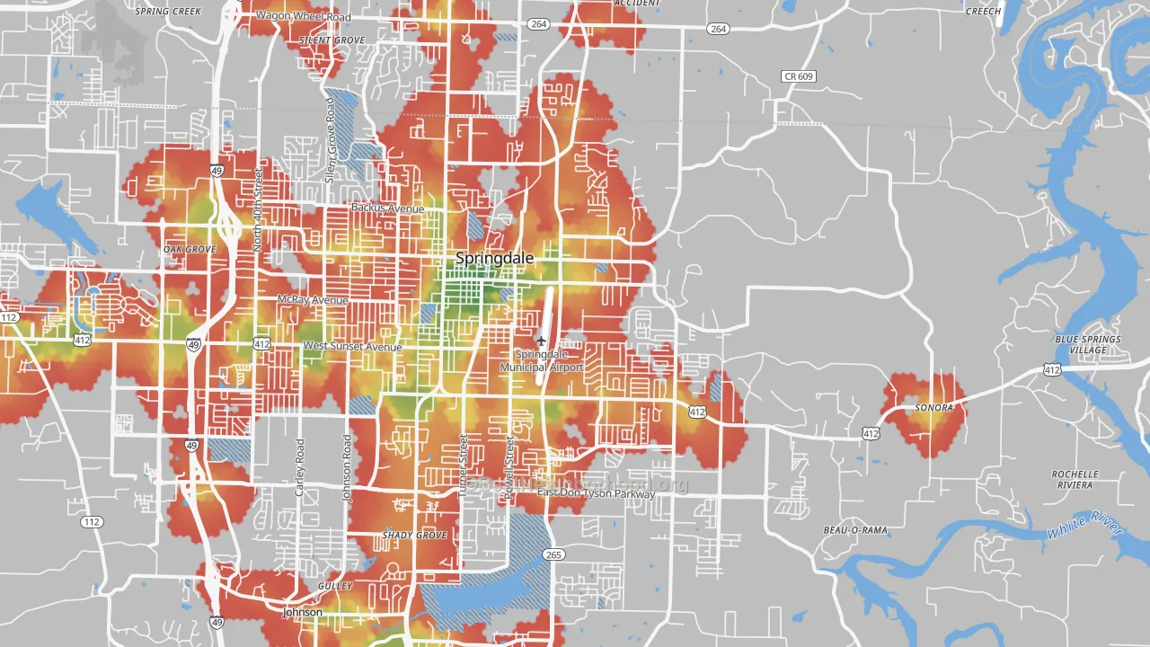 Walk Grade map of 72764, AR, walkable areas in green and car-dependent areas in red