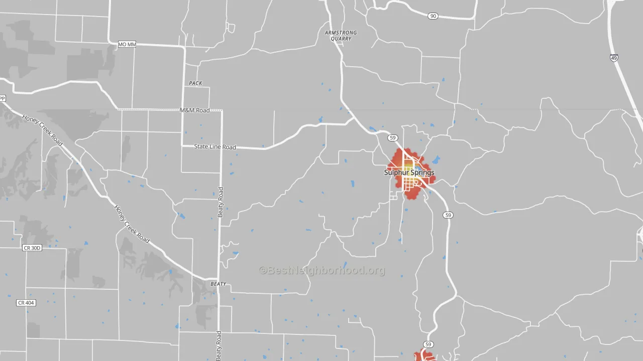 Walk Grade map of 72768, AR, walkable areas in green and car-dependent areas in red
