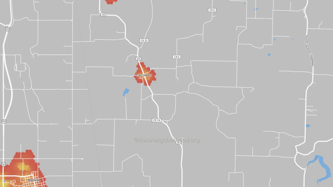 Walk Grade map of 72769, AR, walkable areas in green and car-dependent areas in red