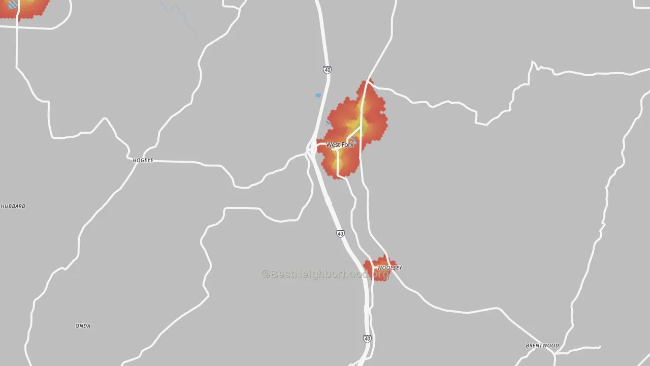 Walk Grade map of 72774, AR, walkable areas in green and car-dependent areas in red