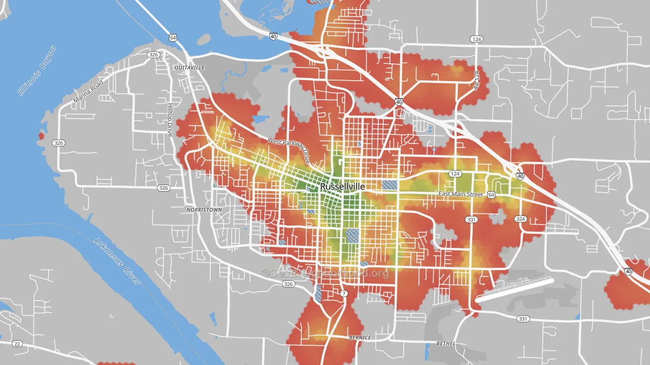 Walk Grade map of 72801, AR, walkable areas in green and car-dependent areas in red