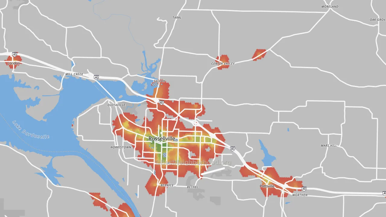 Walk Grade map of 72802, AR, walkable areas in green and car-dependent areas in red