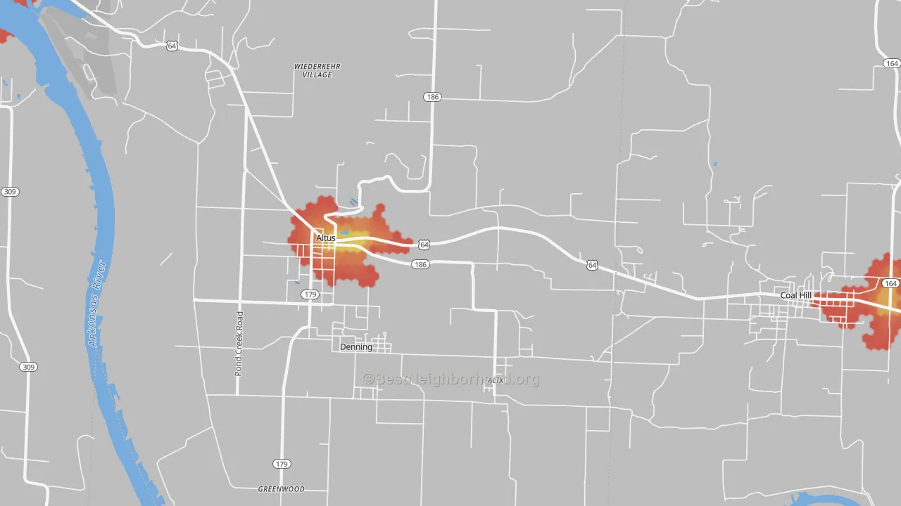 Walk Grade map of 72821, AR, walkable areas in green and car-dependent areas in red